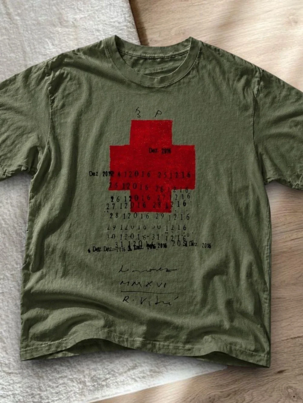 Gildan Olive Green Short Sleeve Tee with Red Cross Graphic